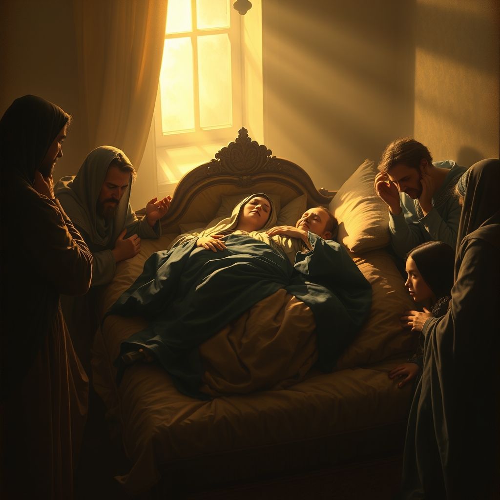 Una pintura de la Muerte de la Virgen María, rodeada de afligidos.