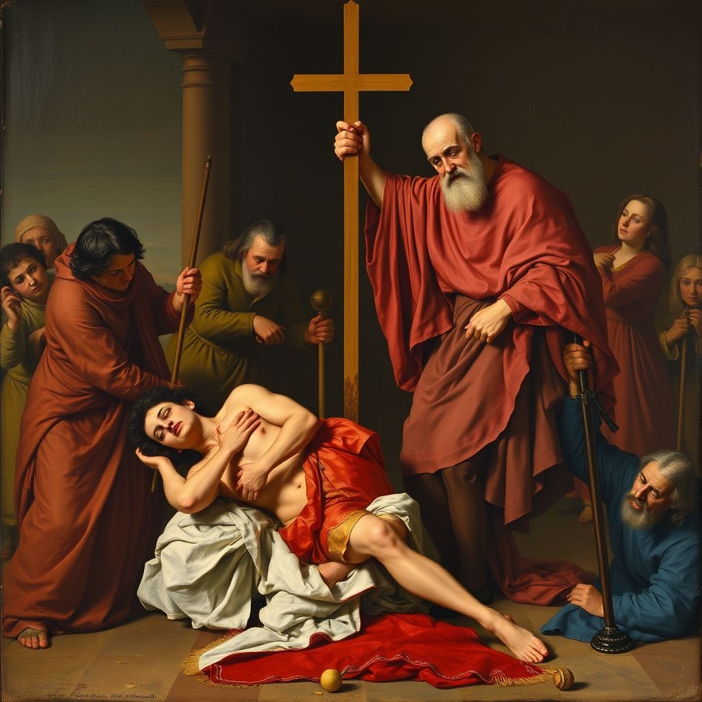 Una imagen de la pintura La decapitación de San Juan Bautista, mostrando la firma en la sangre.