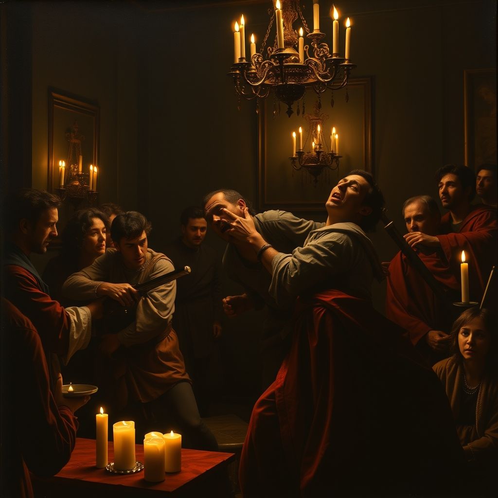 Una interpretación artística del asesinato de Ranuccio Tomassoni por Caravaggio.
