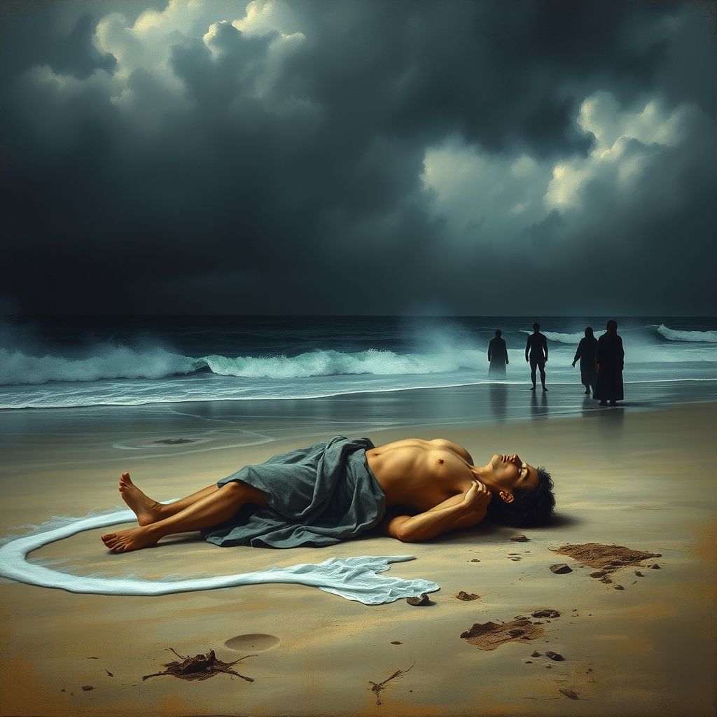 Una pintura sombría que representa la muerte de Caravaggio en una playa.