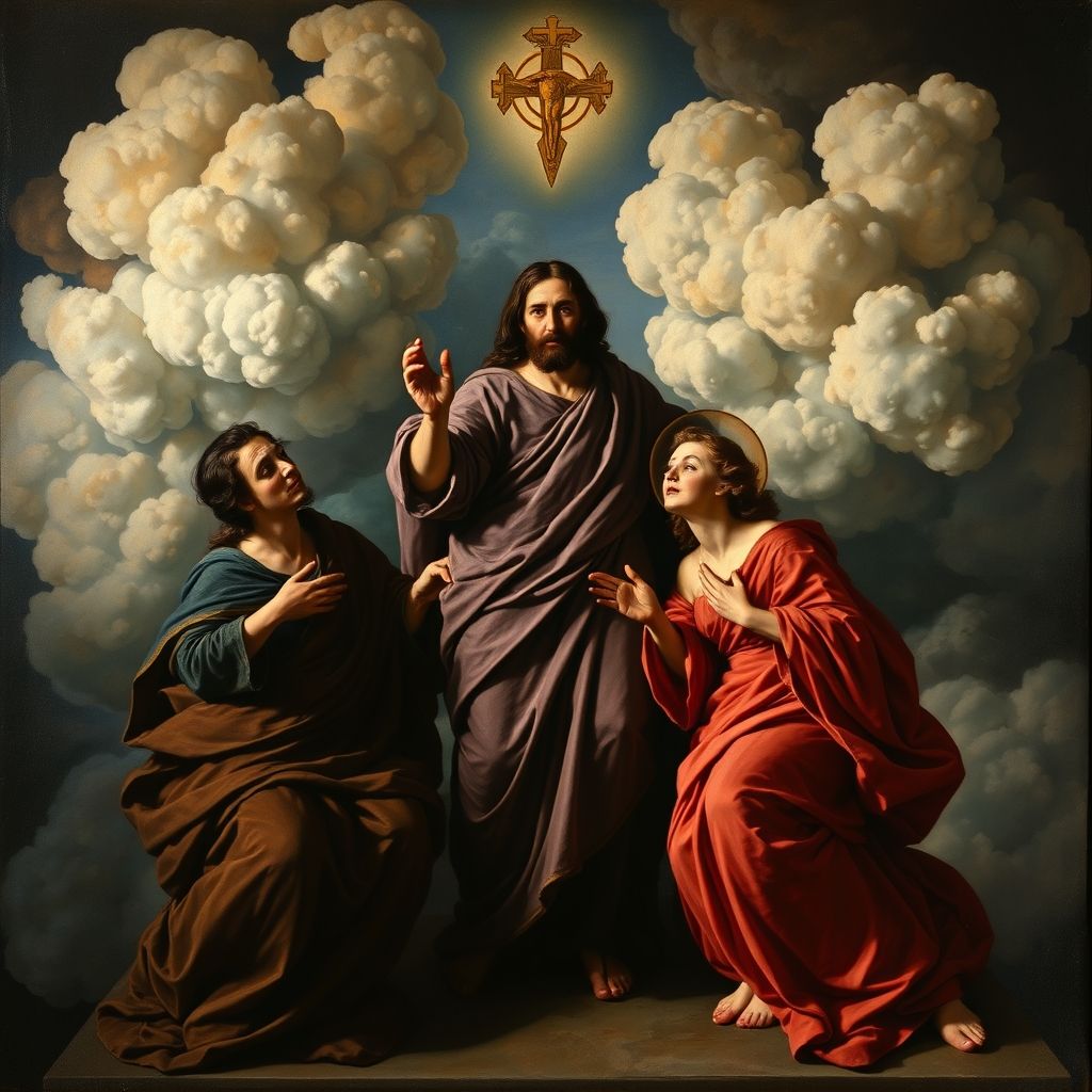 La Trinidad por El Greco, estilo manierista, colores intensos, figuras alargadas, atmósfera espiritual