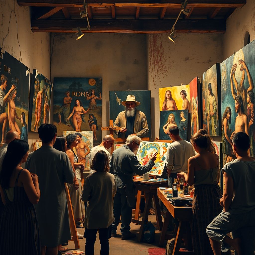 El Greco trabajando en su taller rodeado de asistentes, diferentes pinturas en proceso