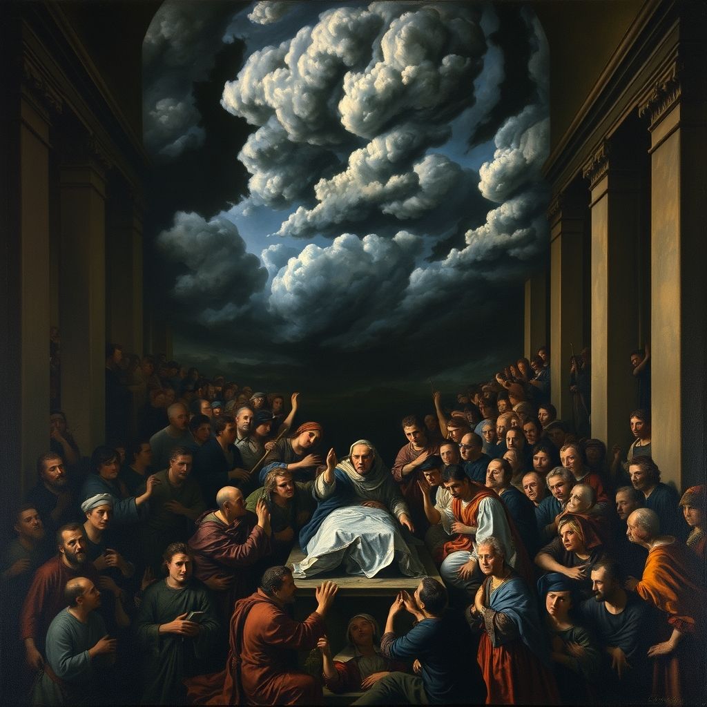 El Entierro del Conde de Orgaz por El Greco, cielo tormentoso, multitud de figuras, ambiente místico, colores ricos y oscuros