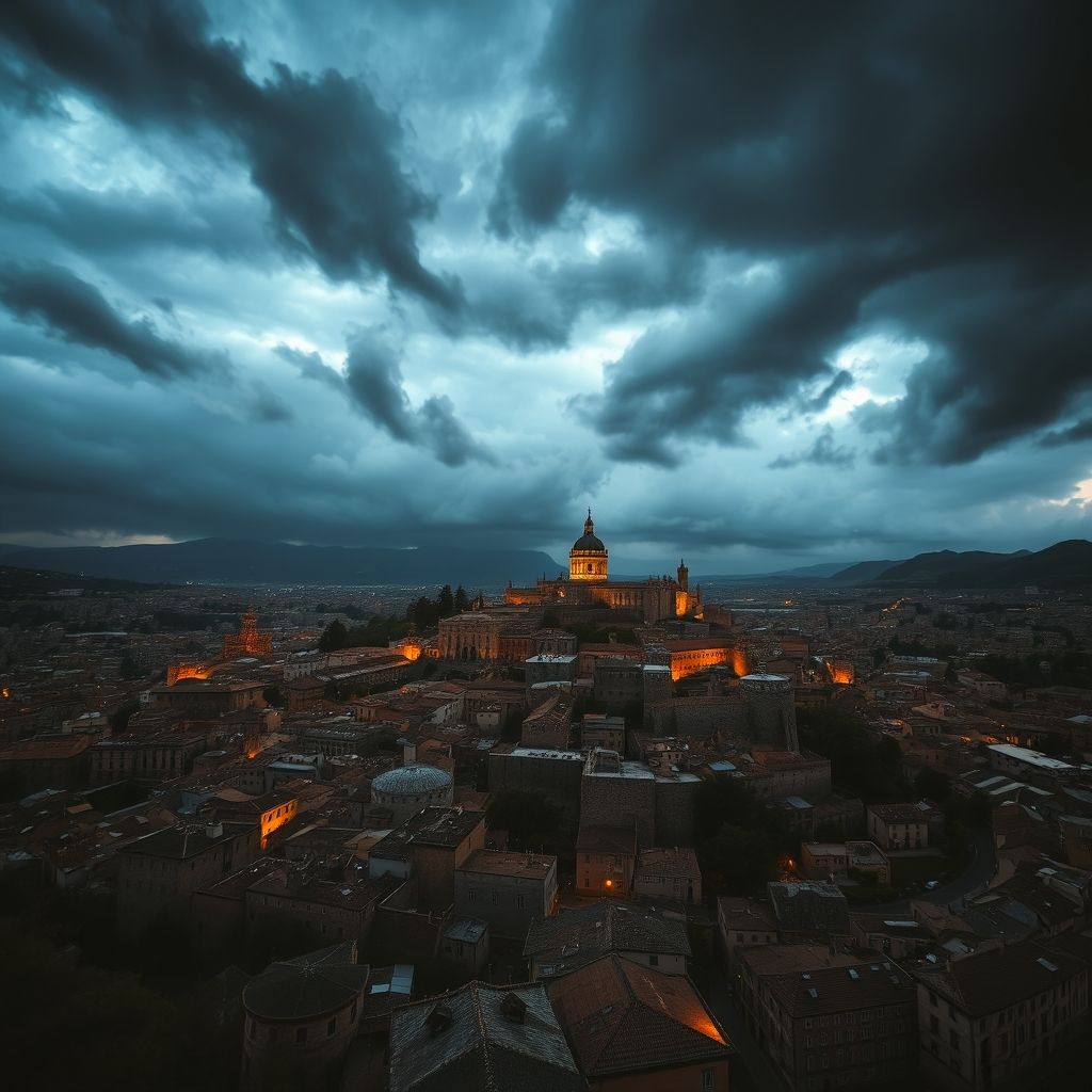 Vista de Toledo por El Greco, cielo dramático y tormentoso, ciudad medieval en la colina, colores oscuros e intensos
