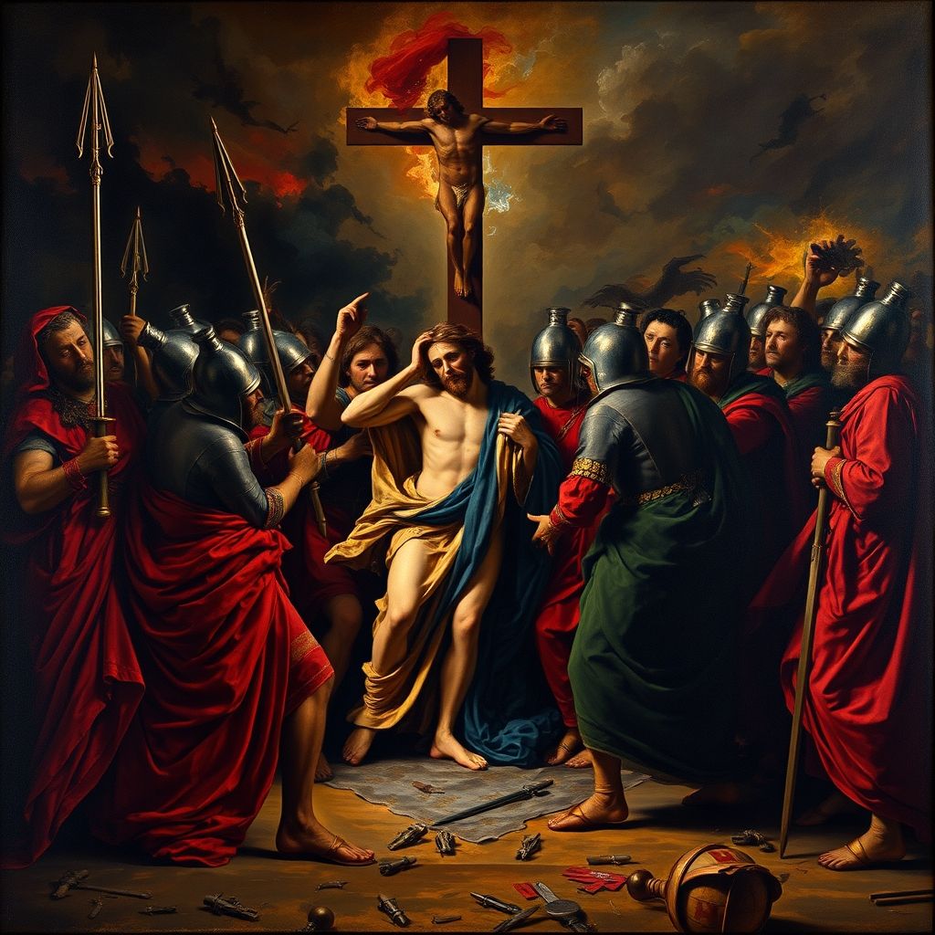 El Expolio por El Greco, Cristo rodeado de soldados, colores vibrantes, atmósfera tensa, estilo manierista