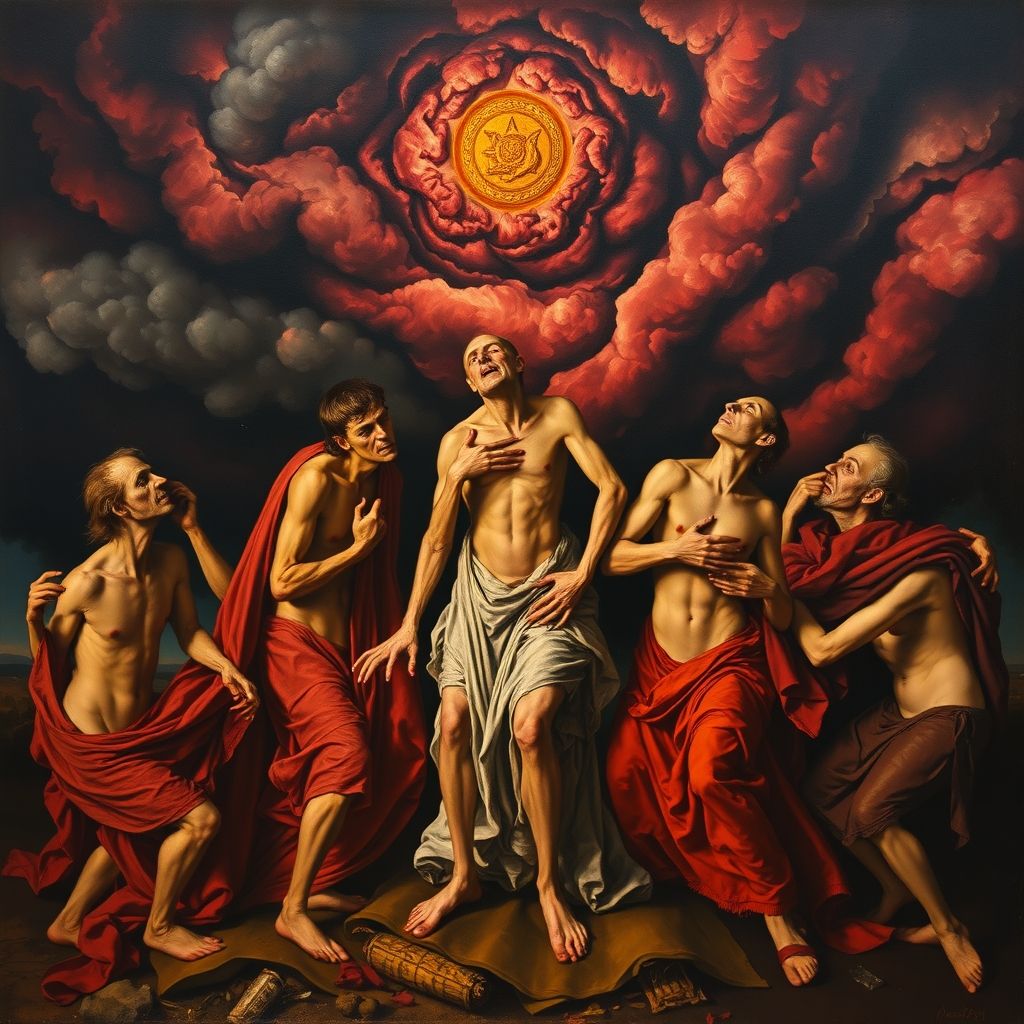 El Quinto Sello del Apocalipsis por El Greco, figuras alargadas y retorcidas, colores intensos, atmósfera apocalíptica y dramática