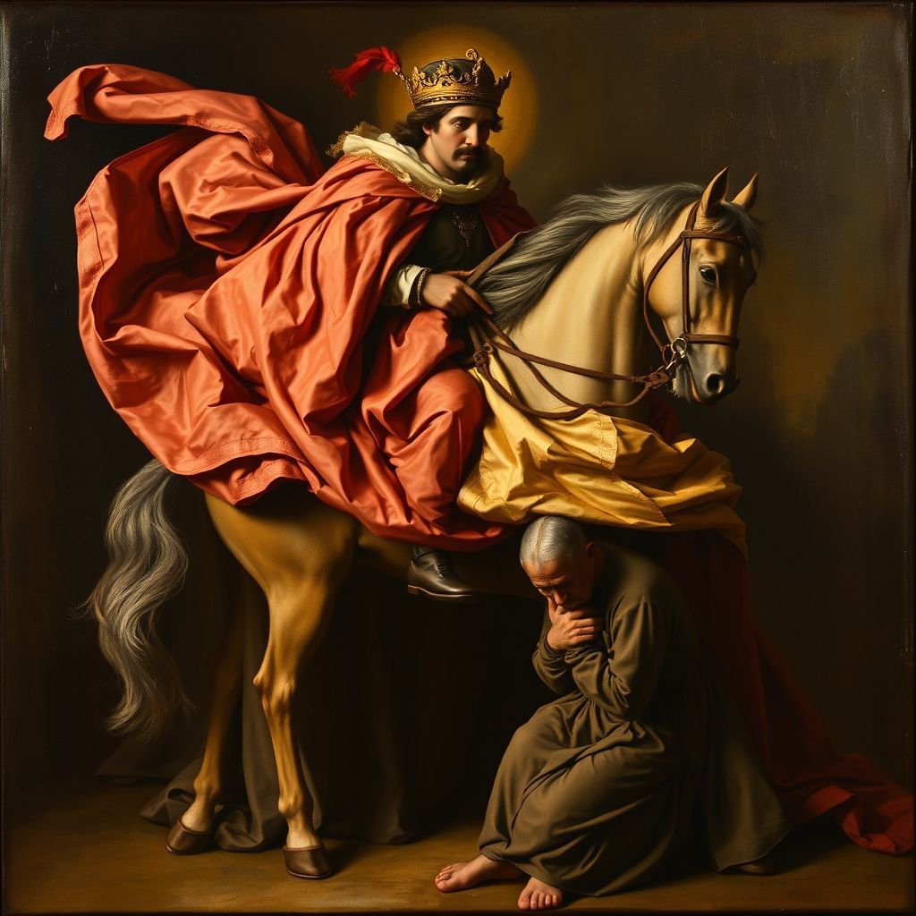 San Martín y el Mendigo por El Greco, colores ricos, San Martín a caballo cortando su capa, mendigo arrodillado