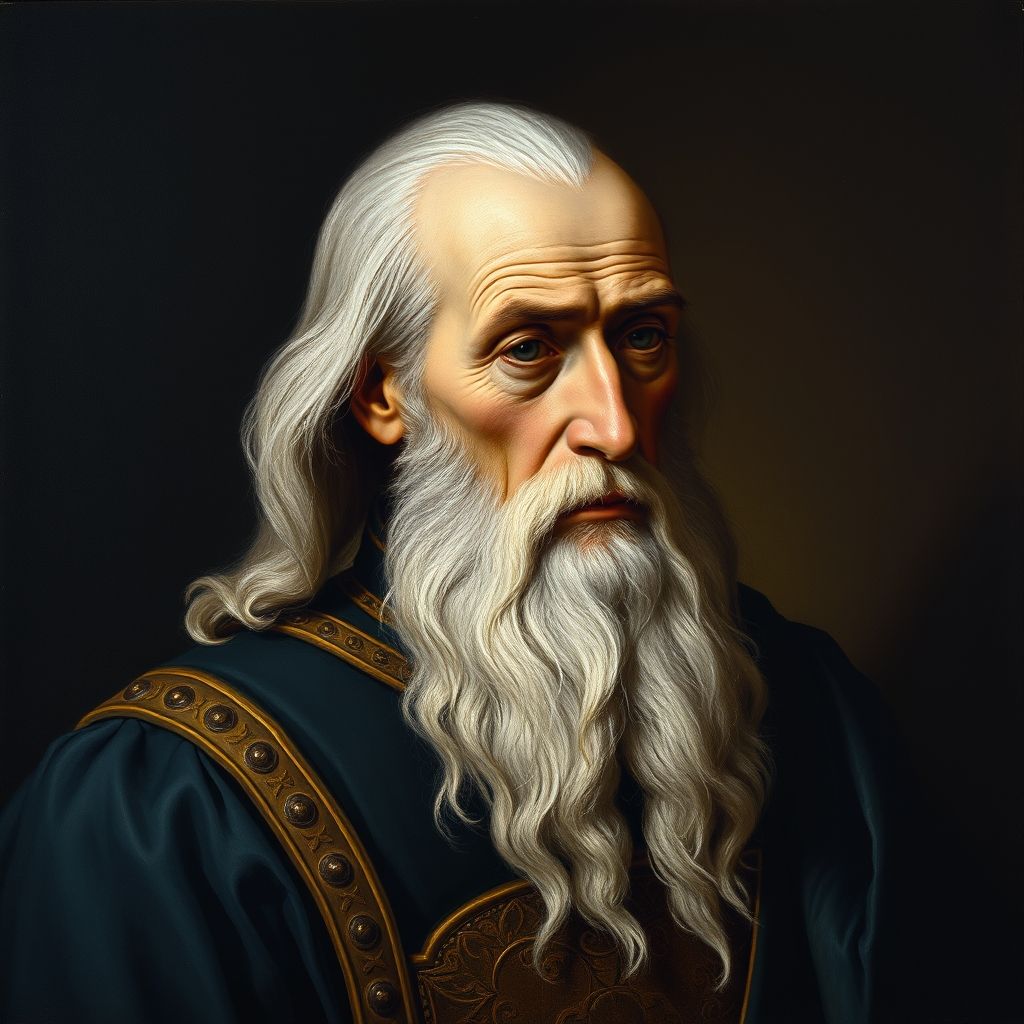 Retrato de un Caballero Anciano por El Greco, caballero con barba blanca, expresión melancólica, fondo oscuro, estilo sobrio y elegante