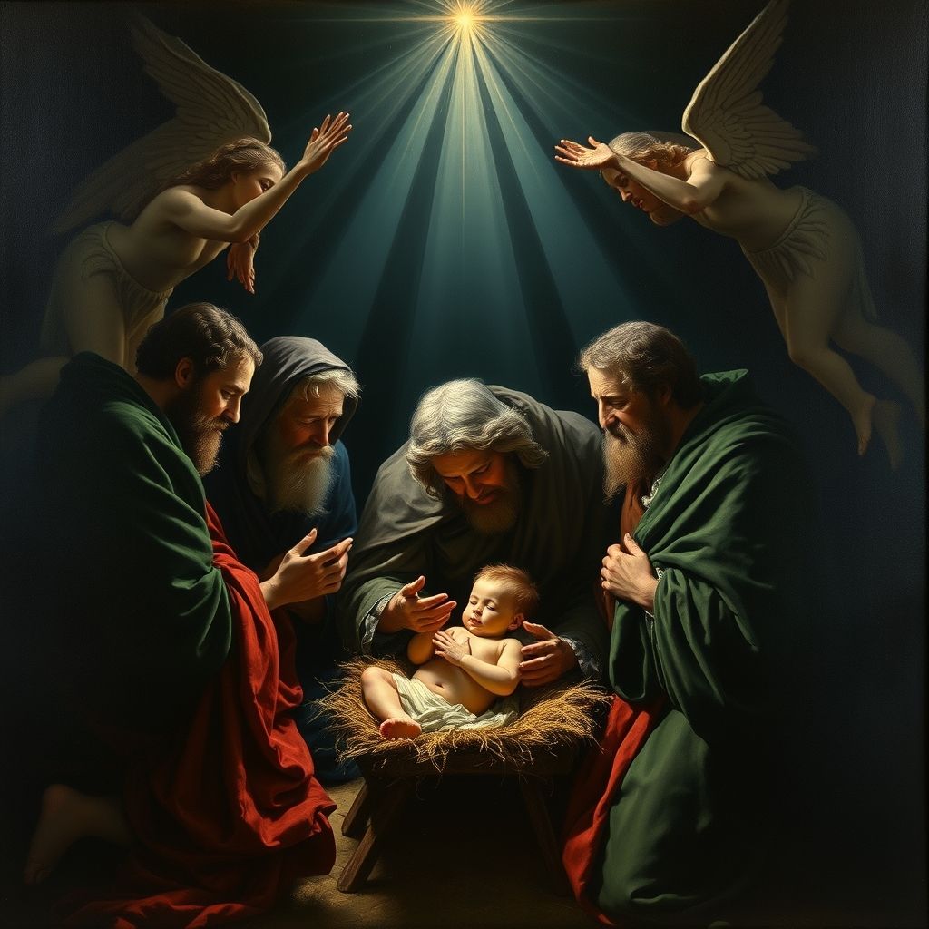 Adoración de los Pastores por El Greco, Niño Jesús rodeado de pastores y ángeles, luz intensa, estilo expresionista, colores oscuros