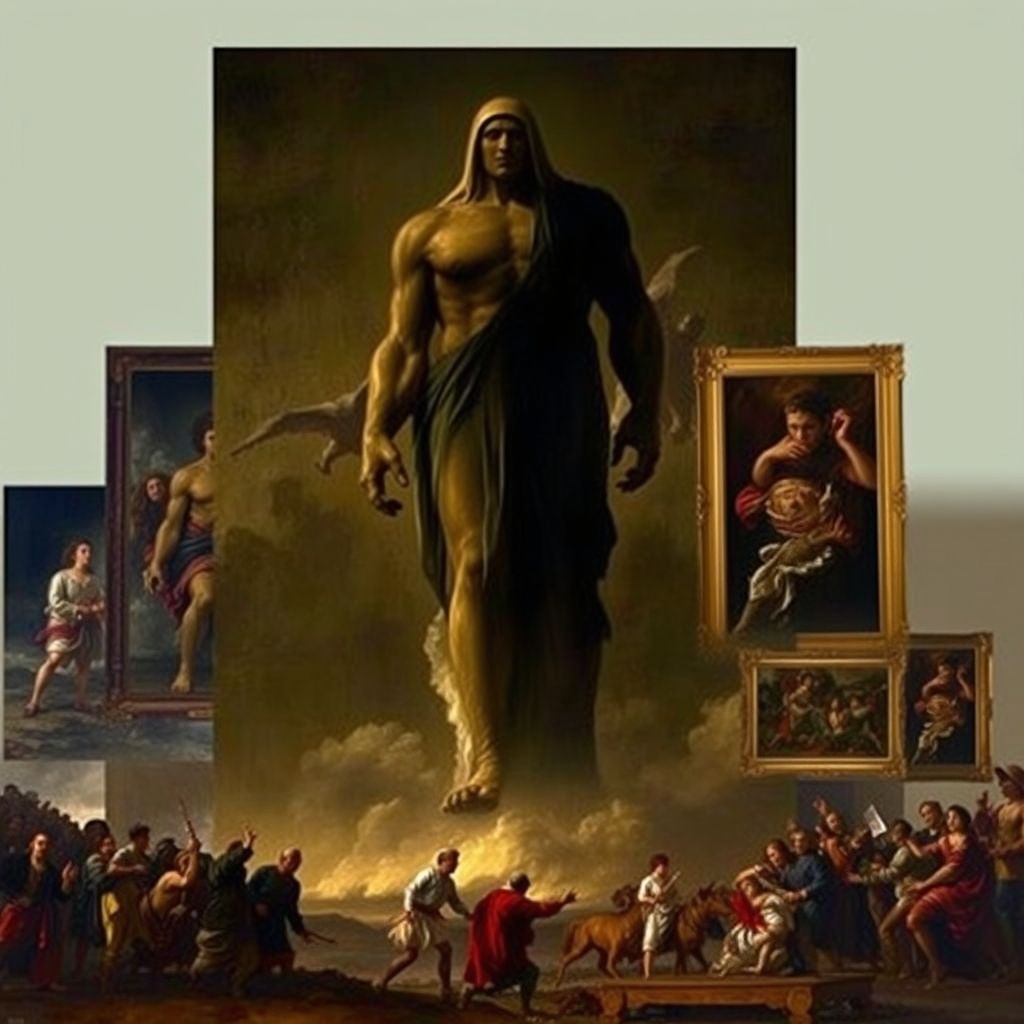 Una imagen de la pintura 'El Coloso' comparada con otras obras de Goya, resaltando las diferencias de estilo y técnica que han generado dudas sobre su autoría.