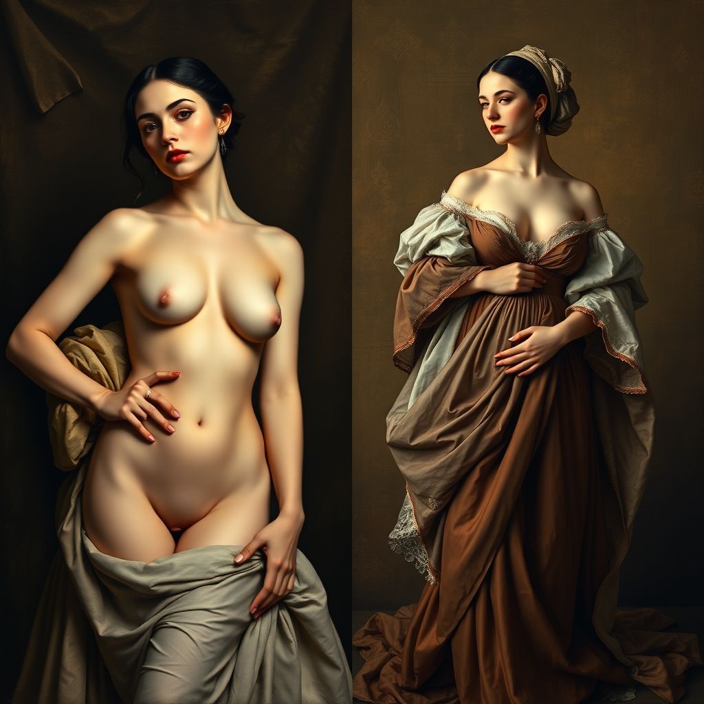 Un montaje de las pinturas 'La maja desnuda' y 'La maja vestida' de Francisco Goya, mostrando a la misma mujer en ambas representaciones, una desnuda y otra vestida.