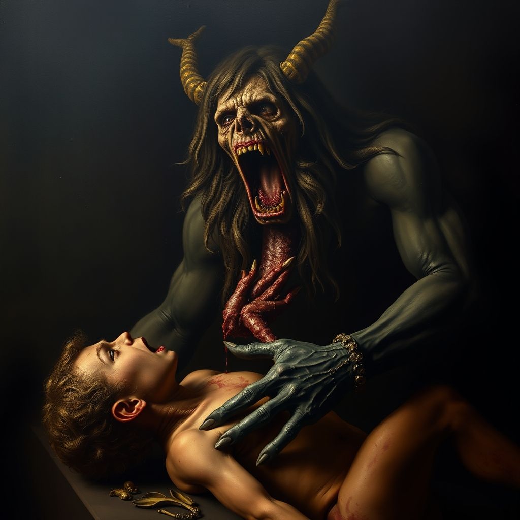 Una imagen de la 'Saturno devorando a su hijo', una de las pinturas negras de Francisco Goya, que muestra una figura demoníaca consumiendo un cuerpo.