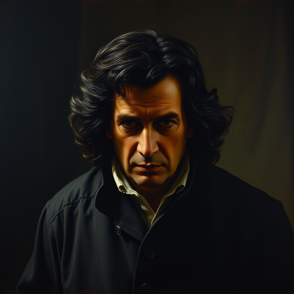 Un retrato de Francisco Goya con una expresión introspectiva y melancólica, simbolizando su aislamiento debido a la sordera.