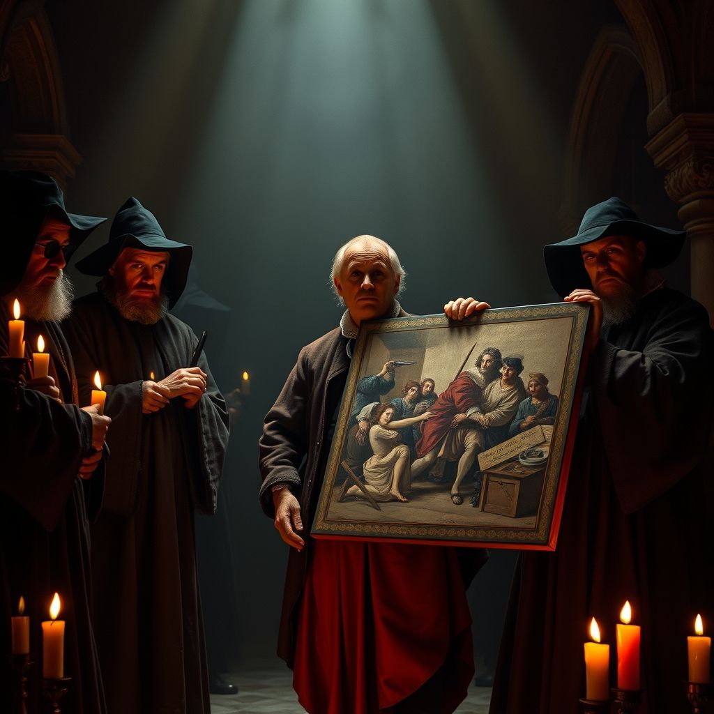 Una imagen que representa a Goya presentando sus obras a la Inquisición, mostrando la tensión y el riesgo involucrados en su crítica social.