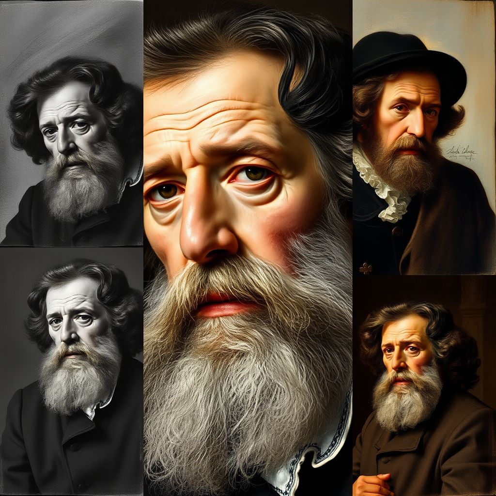 Un montaje de varios autorretratos de Francisco Goya, mostrando la evolución de su apariencia y estilo a lo largo de su vida.