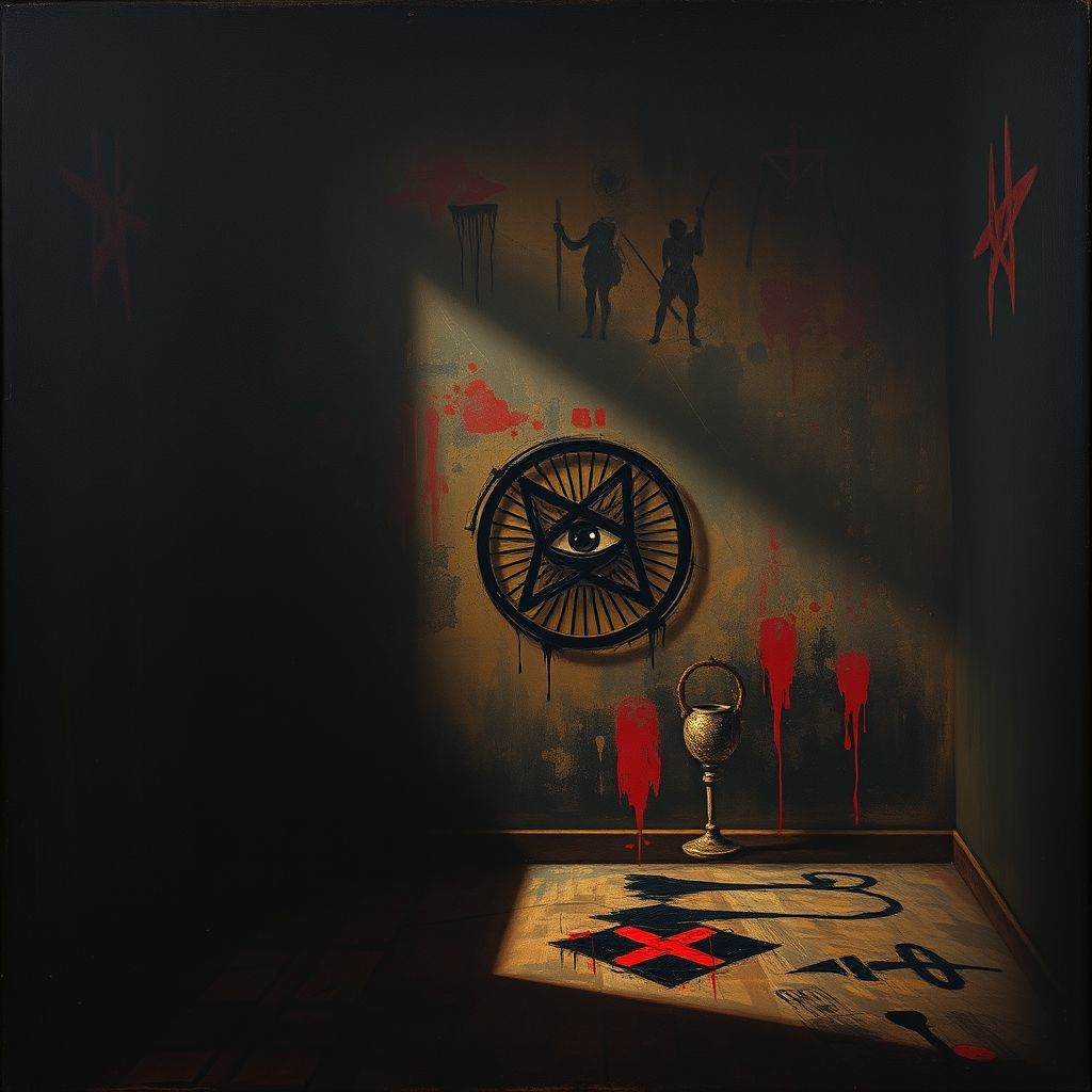 Una composición que combine elementos de las Pinturas Negras con símbolos ocultos, representando la posible conexión de Goya con el ocultismo.