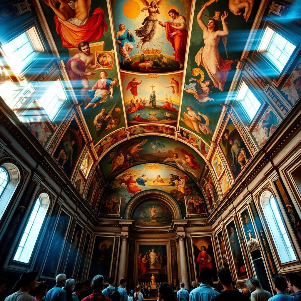 El interior de la Capilla Sixtina, mostrando los frescos de Miguel Ángel, incluido el techo y El Juicio Final.
