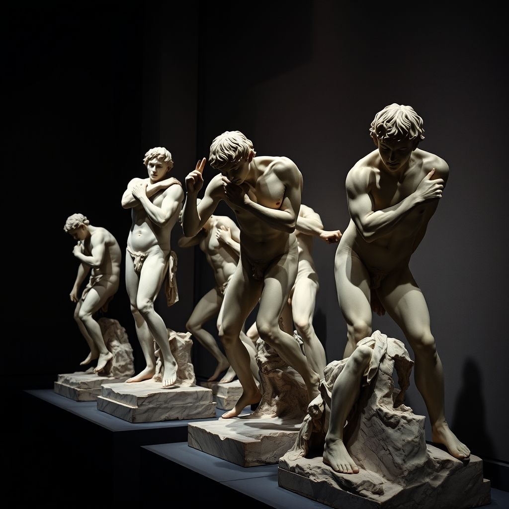 Una fotografía de las esculturas de 'Los Esclavos' de Miguel Ángel, mostrando las figuras de mármol inacabadas en varias poses de lucha.