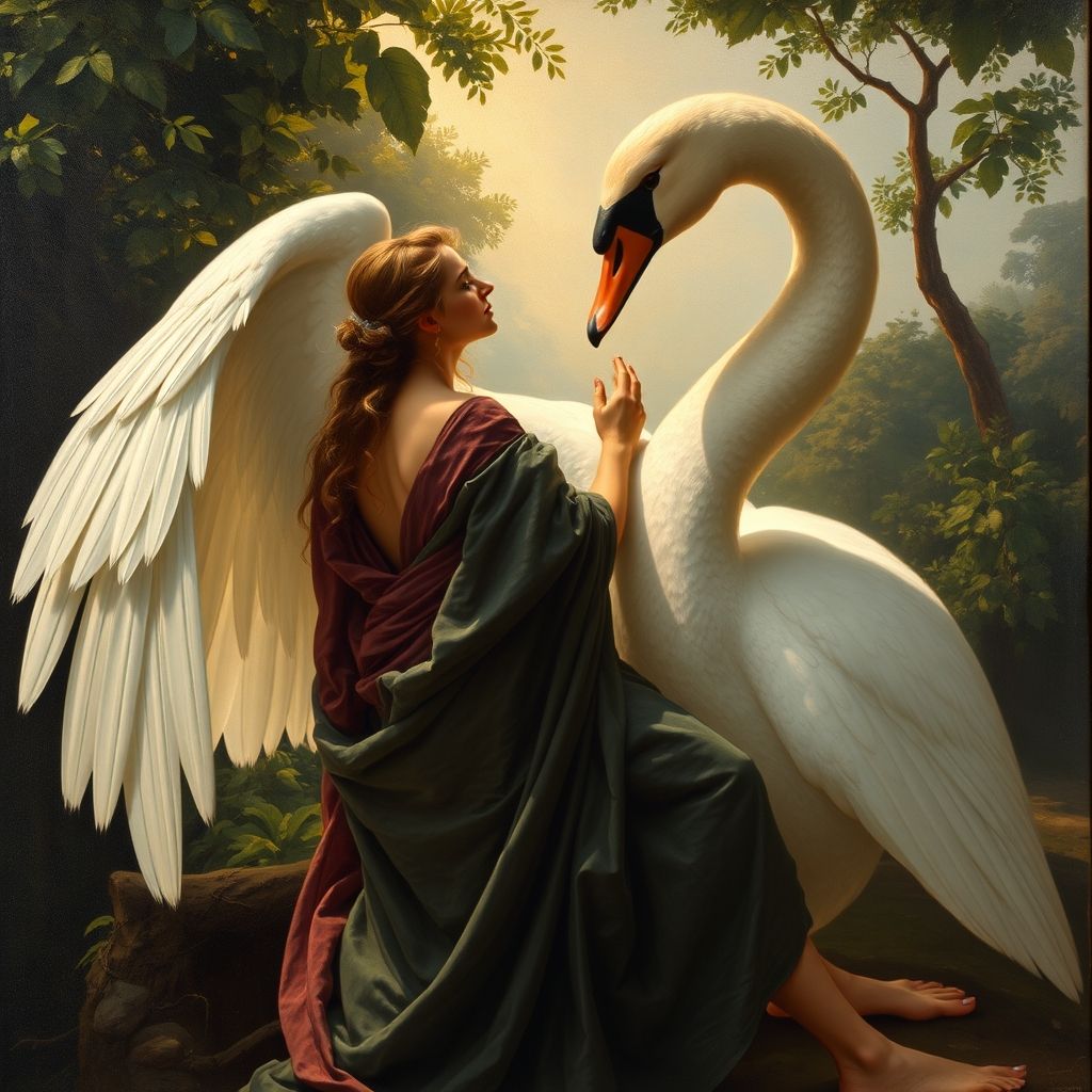 Una copia de la pintura perdida 'Leda y el Cisne' de Miguel Ángel, representando a Leda con Zeus en forma de cisne.