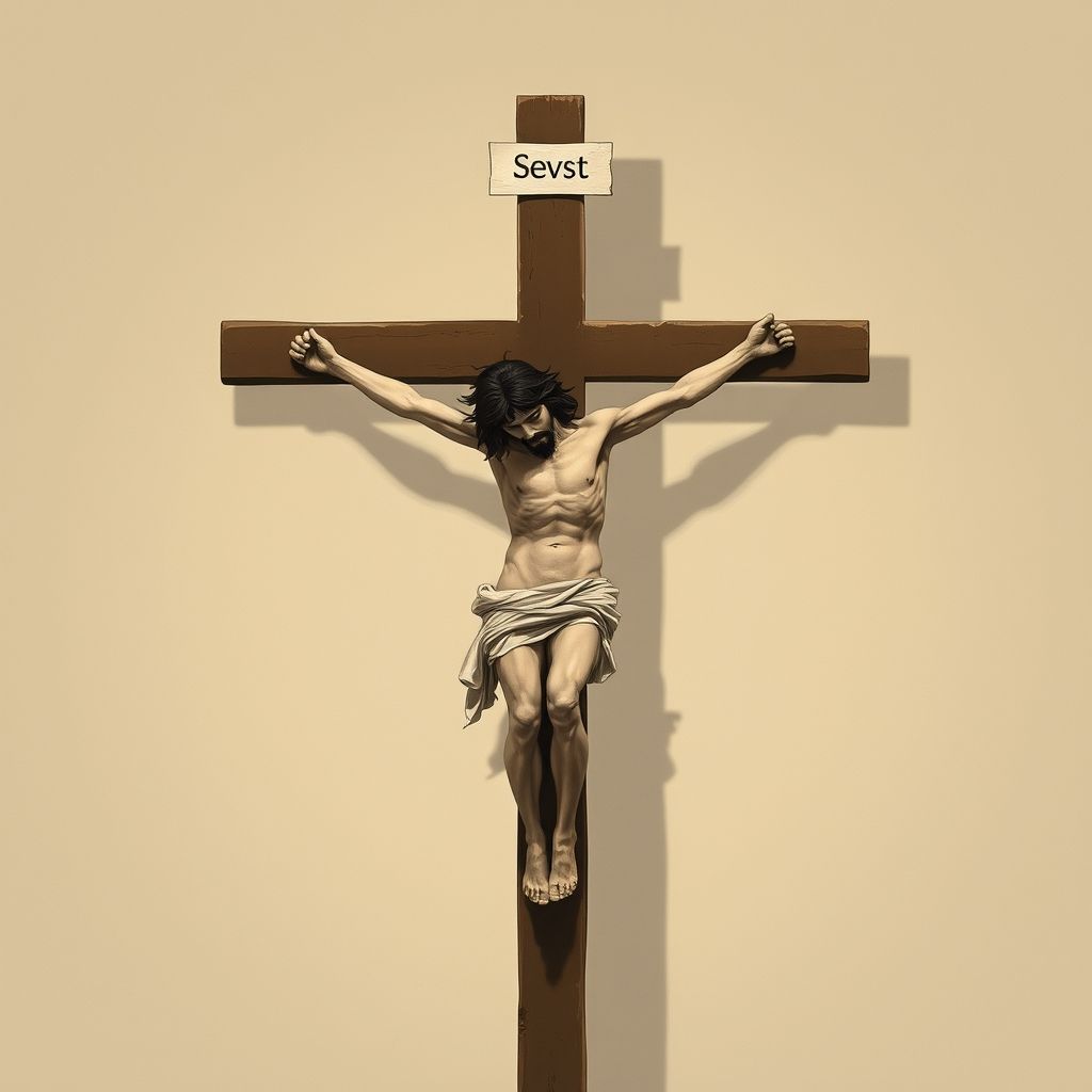 Un dibujo de 'La Crucifixión' de Miguel Ángel para Vittoria Colonna, mostrando a Cristo en la cruz en un estilo minimalista y emocional.
