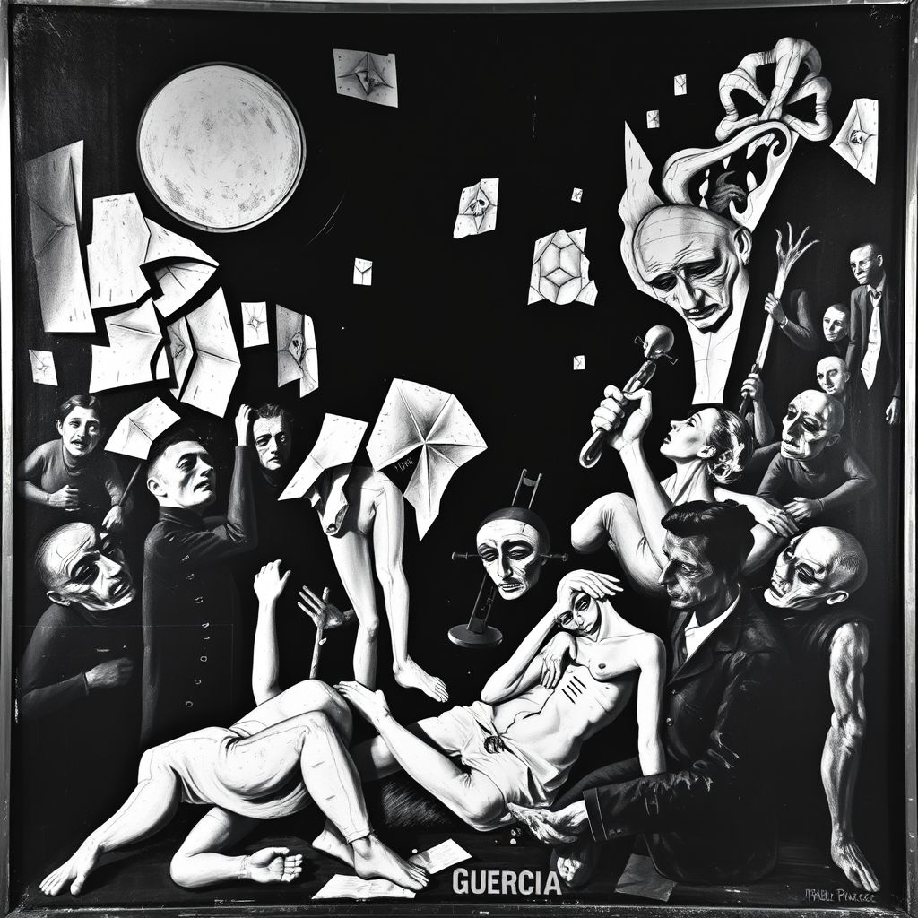 La pintura Guernica de Pablo Picasso, en blanco y negro, mostrando escenas de sufrimiento y caos.