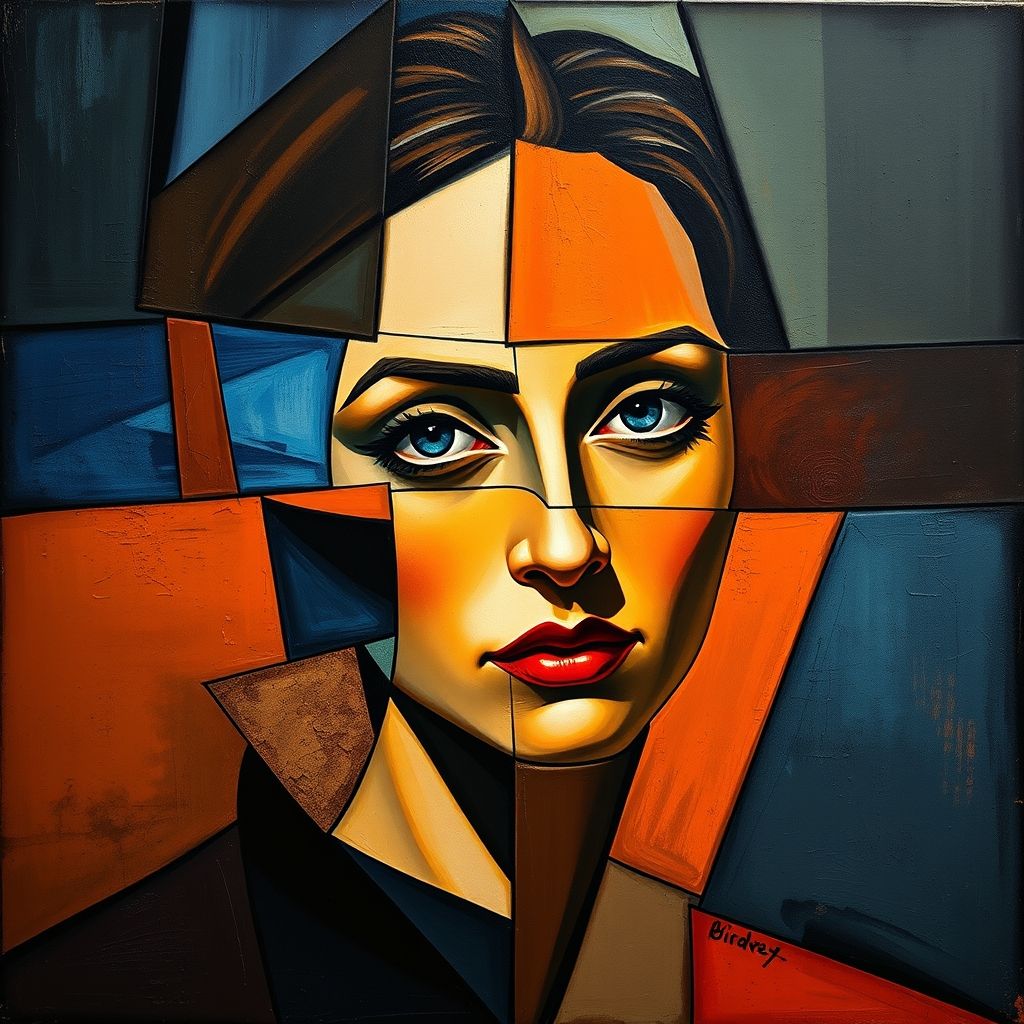 Una composición cubista al estilo de Picasso, mostrando un retrato fragmentado con múltiples perspectivas.