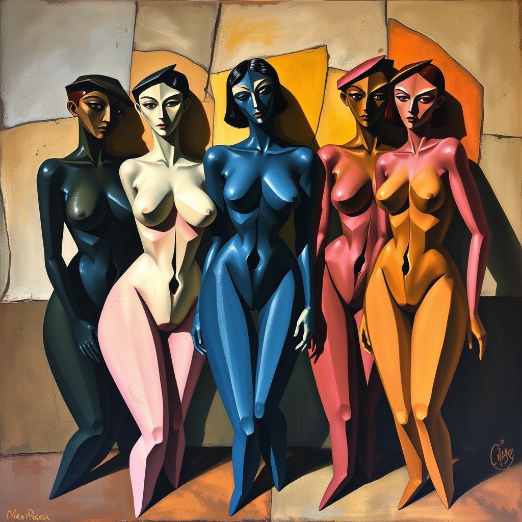 La pintura Las Señoritas de Avignon de Pablo Picasso, mostrando cinco figuras femeninas con formas angulares y distorsionadas.