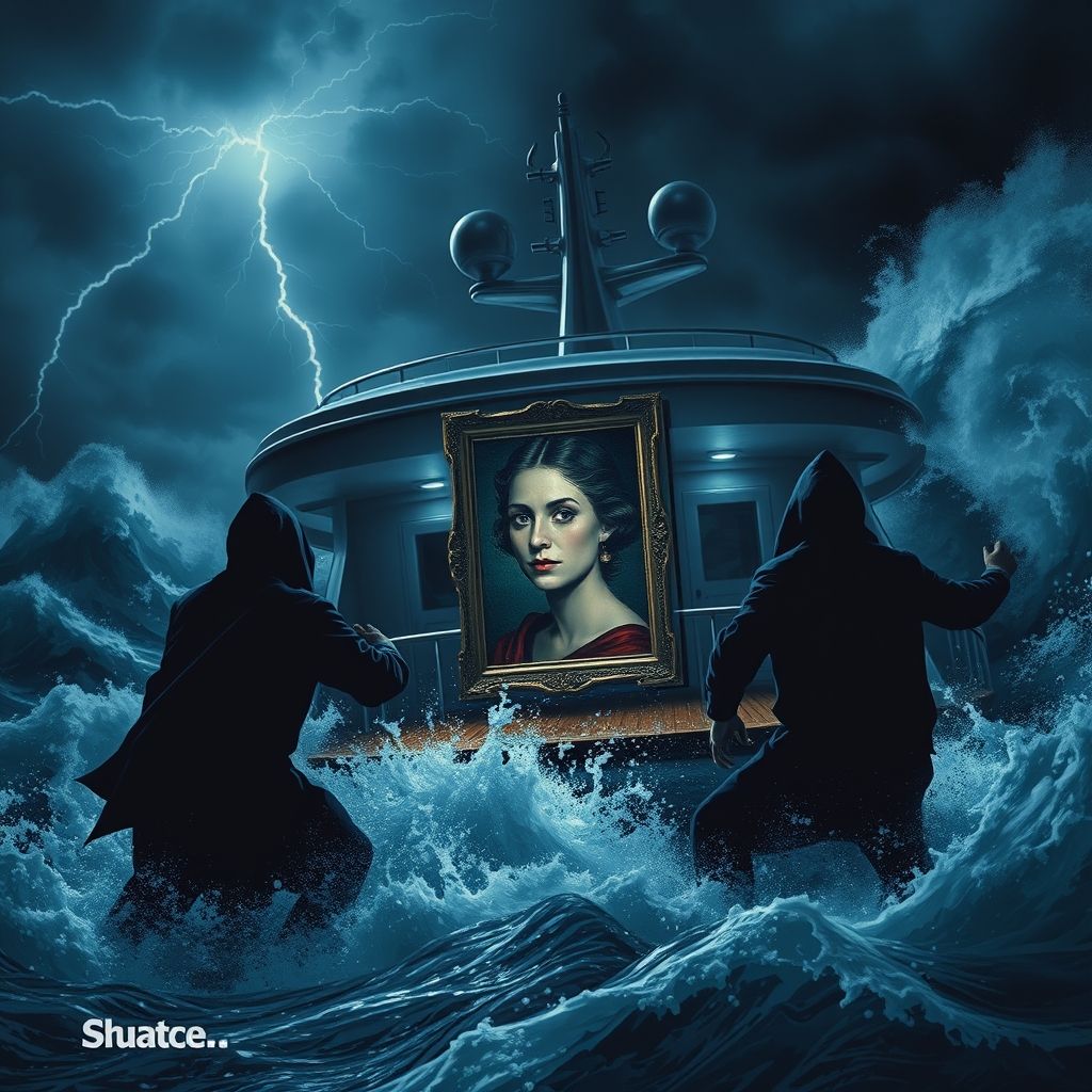 Una representación dramática del robo de la pintura 'Retrato de Dora Maar' de Picasso de un yate, con ladrones sombríos y olas turbulentas.