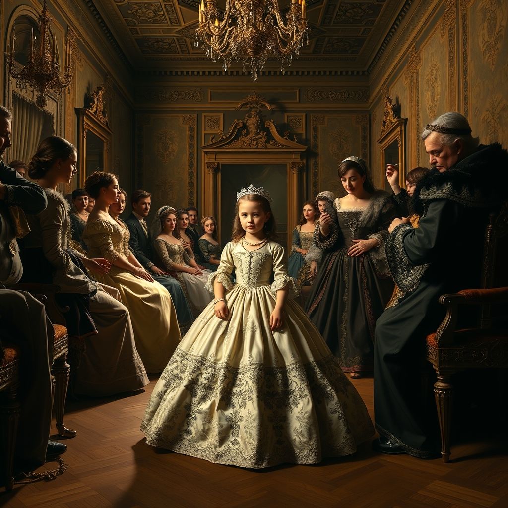 Una representación de la pintura Las Meninas de Diego Velázquez mostrando a la infanta Margarita y al propio Velázquez.