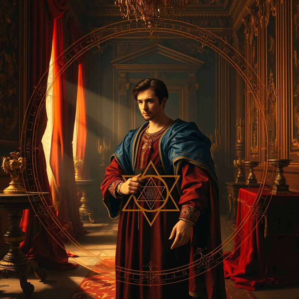 Una representación de una pintura de Velázquez con superposiciones de símbolos alquímicos, destacando posibles conexiones.