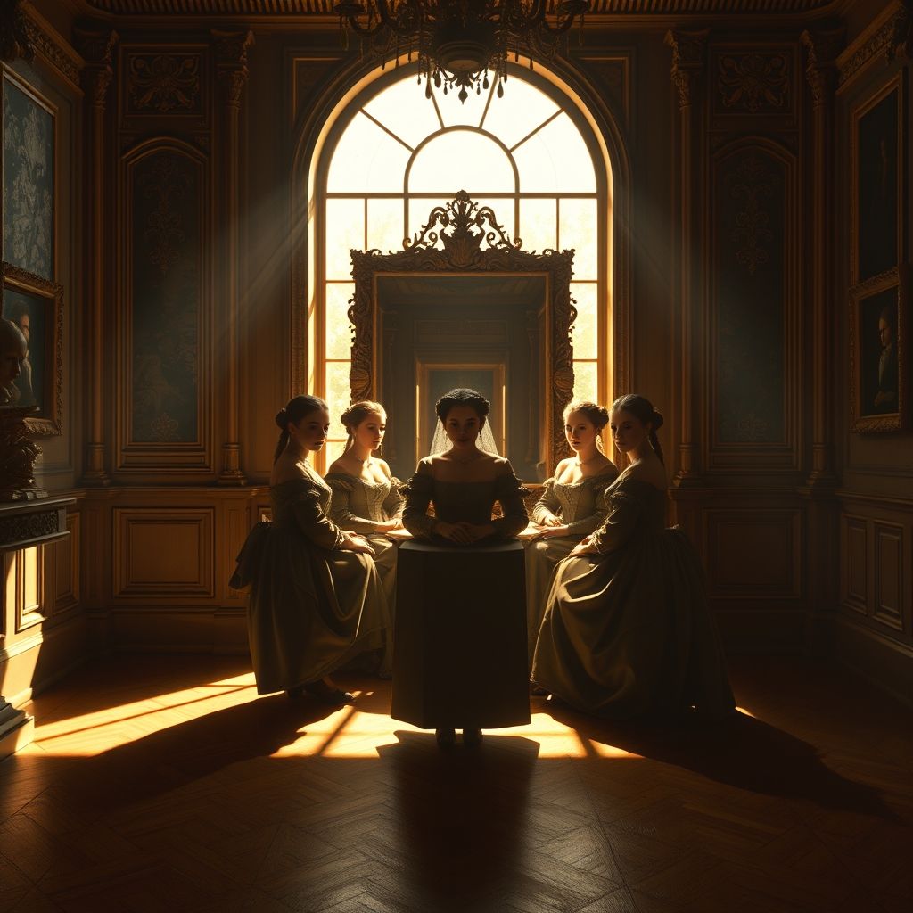 Una imagen de Las Meninas con los rostros del espejo resaltados y difuminados, insinuando la posibilidad de que sean otras personas.