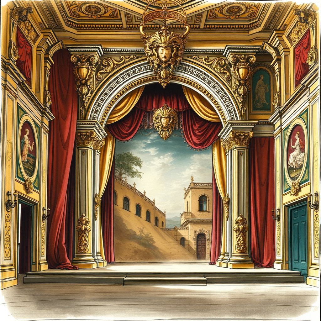 Un boceto de un decorado teatral diseñado por Velázquez para una representación en la corte.