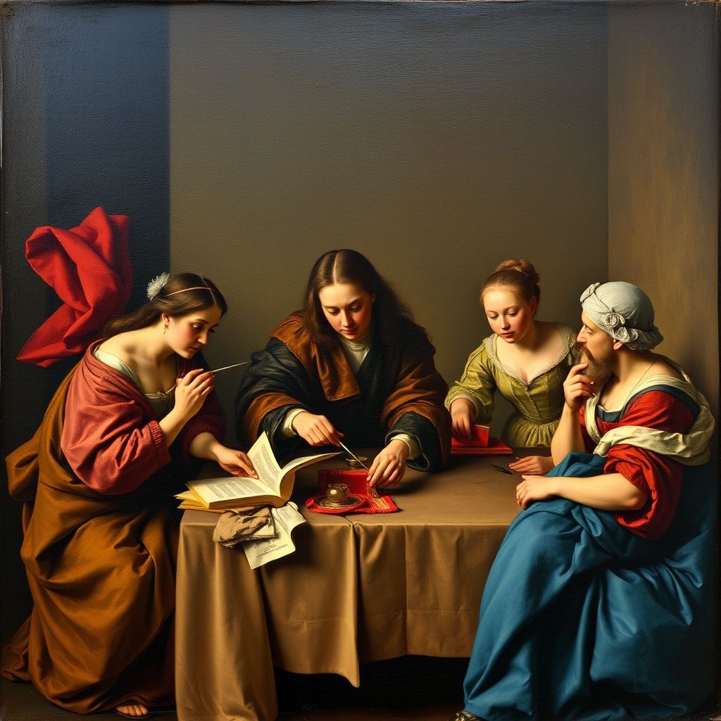 Una representación de Las Hilanderas de Velázquez, resaltando los posibles elementos simbólicos de la pintura.