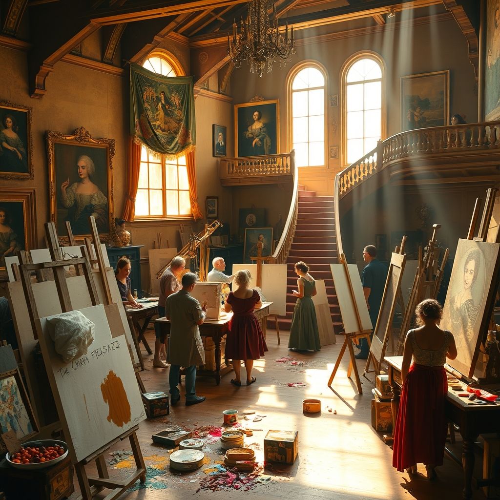 Una recreación del taller de Velázquez, mostrando a los artistas trabajando en diferentes proyectos.