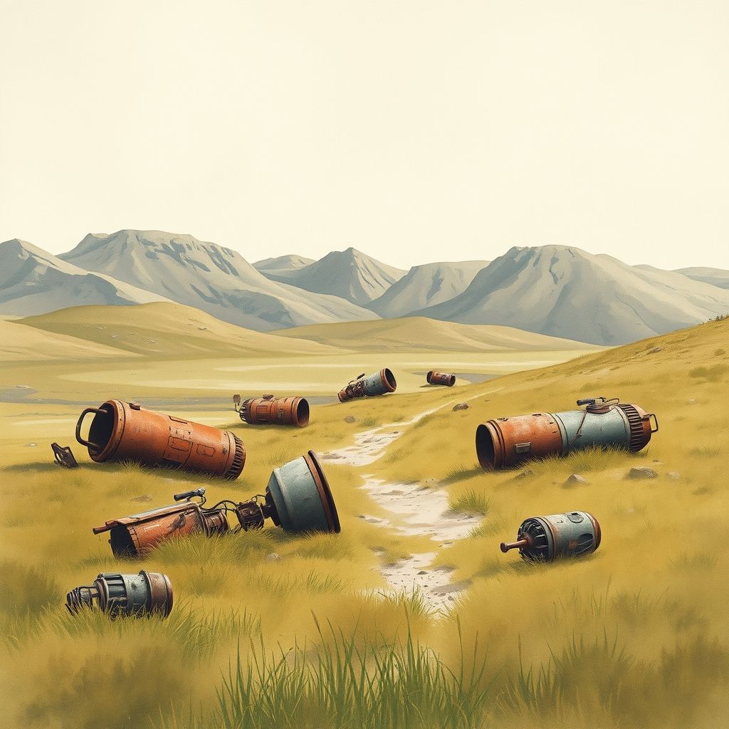 Una ilustración de Simon Stålenhag mostrando un paisaje sueco minimalista con maquinaria futurista abandonada, pintada con toques de acuarela, evocando una atmósfera melancólica y surrealista.