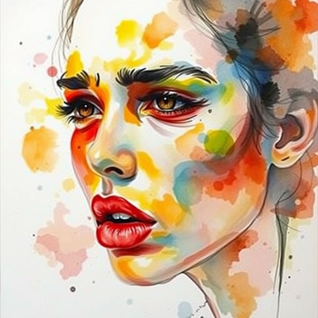 Un retrato de acuarela de Agnes Cecile, mostrando colores vibrantes, líneas sueltas y una expresión emocional intensa, con un fondo minimalista.