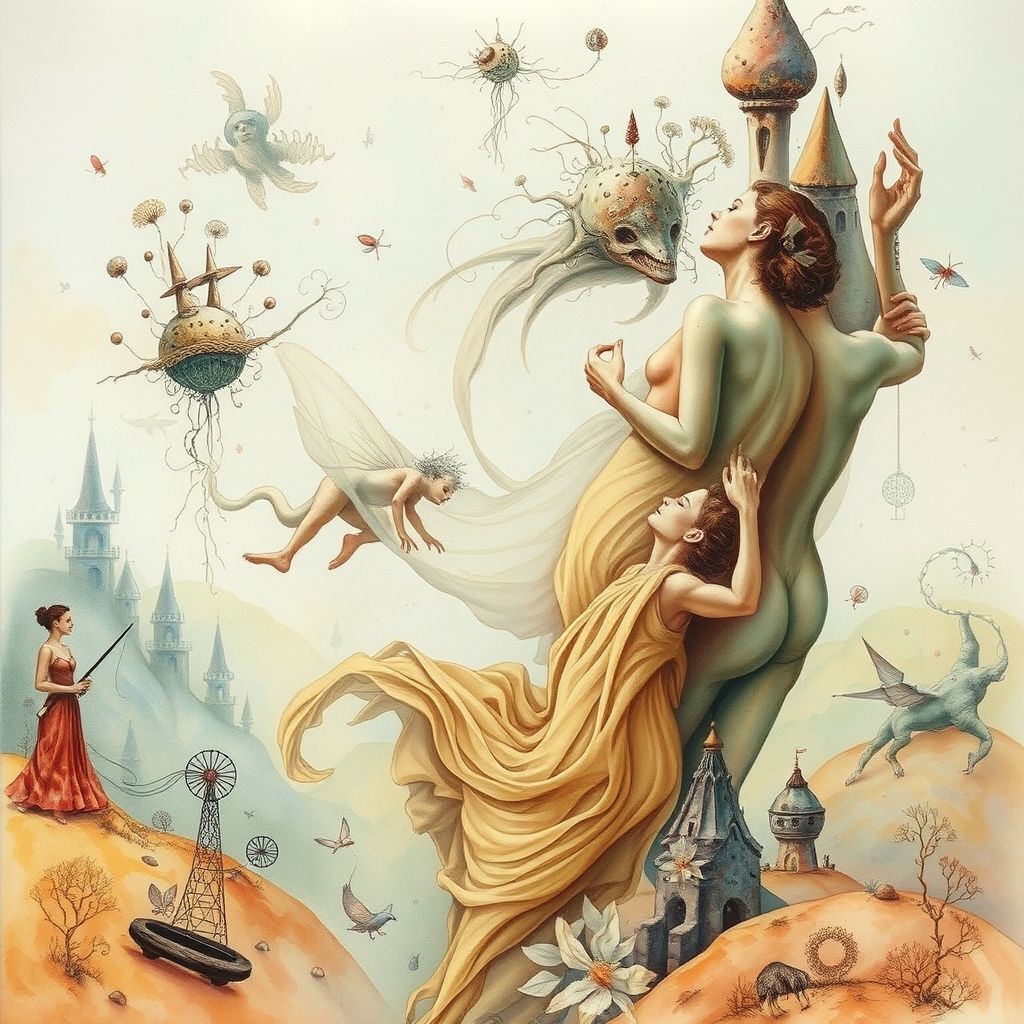 Una pintura de acuarela surrealista de Esao Andrews, mostrando figuras humanas en un paisaje onírico con colores suaves y detalles intrincados.