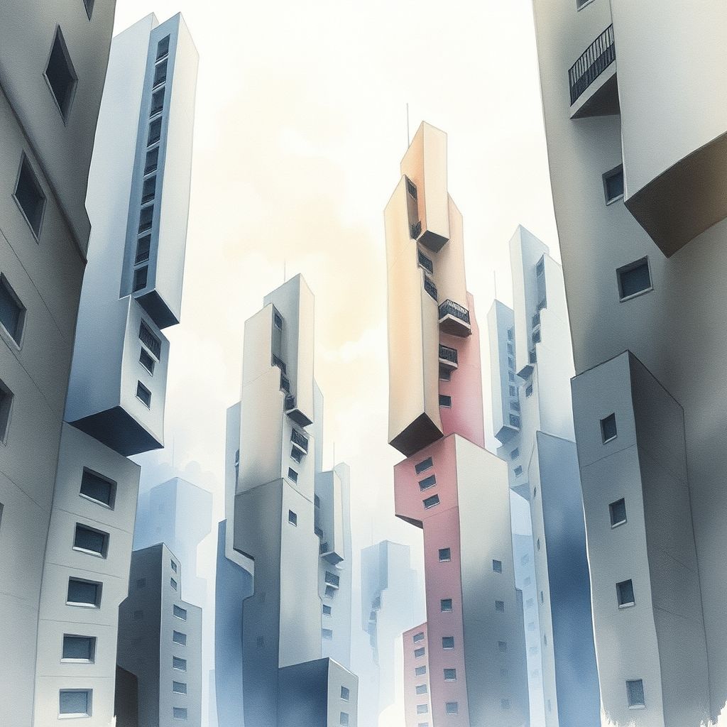 Una pintura de acuarela de Teiji Hayama mostrando un paisaje urbano surrealista con edificios flotantes y distorsionados, con una paleta de colores apagados.