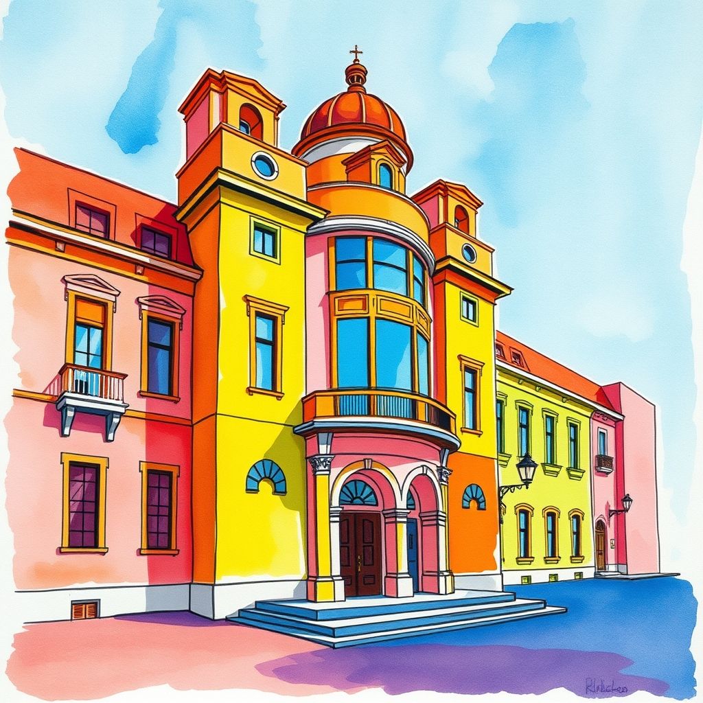 Una acuarela de Riccardo Guasco representando un edificio famoso simplificado en formas geométricas básicas con colores vibrantes y perspectivas distorsionadas.