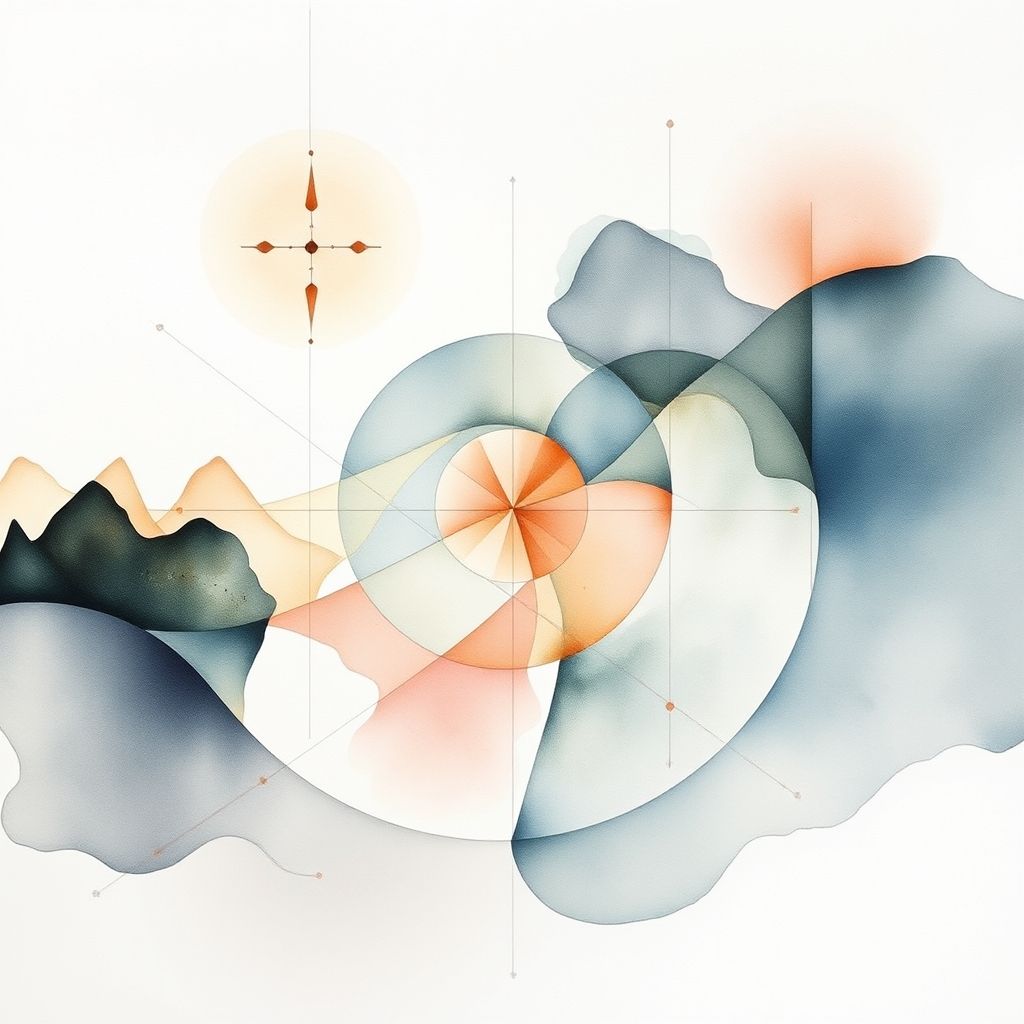 Una pintura de acuarela abstracta de Hilma af Klint, mostrando formas geométricas minimalistas, simbolismo oculto y colores suaves, evocando una sensación de misterio cósmico y espiritualidad.