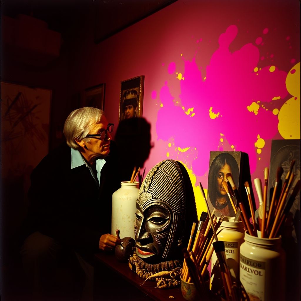 Andy Warhol mirando una máscara tribal africana en su estudio, fotografía de los años 70.