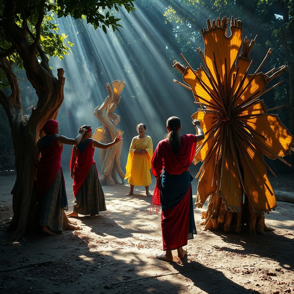 Fotografía de una performance del Grupo Gutai inspirada en rituales tribales.