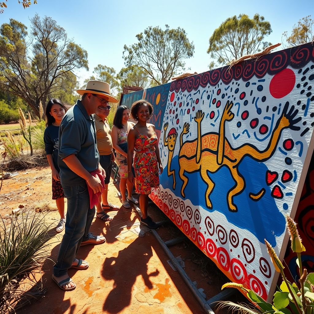 Keith Haring trabajando en una pieza mural colaborativa con artistas aborígenes en Australia, fotografía.