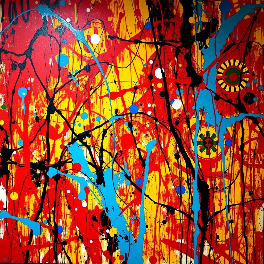 Pintura expresionista abstracta de Jackson Pollock con elementos que sugieren influencias tribales.