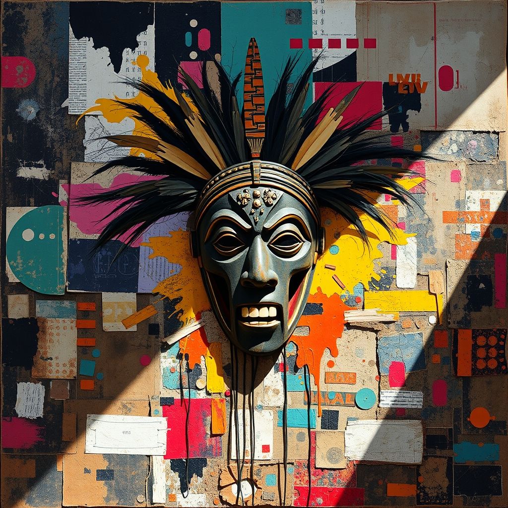 Una 'Combinación' de Robert Rauschenberg que incorpora un objeto que se asemeja a una máscara tribal.