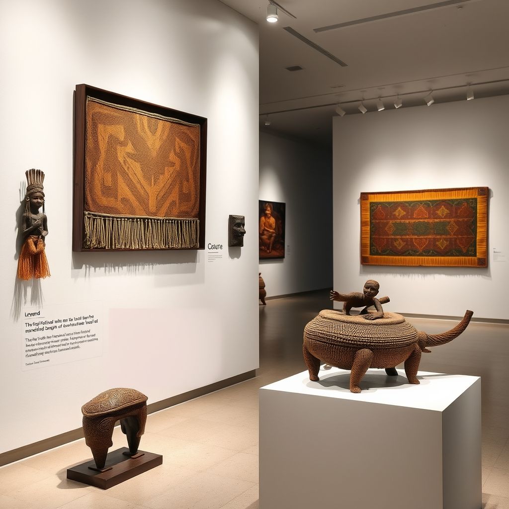 Fotografía de una exhibición de arte tribal en una galería de arte occidental, con una leyenda que destaca el contexto colonial de su adquisición.