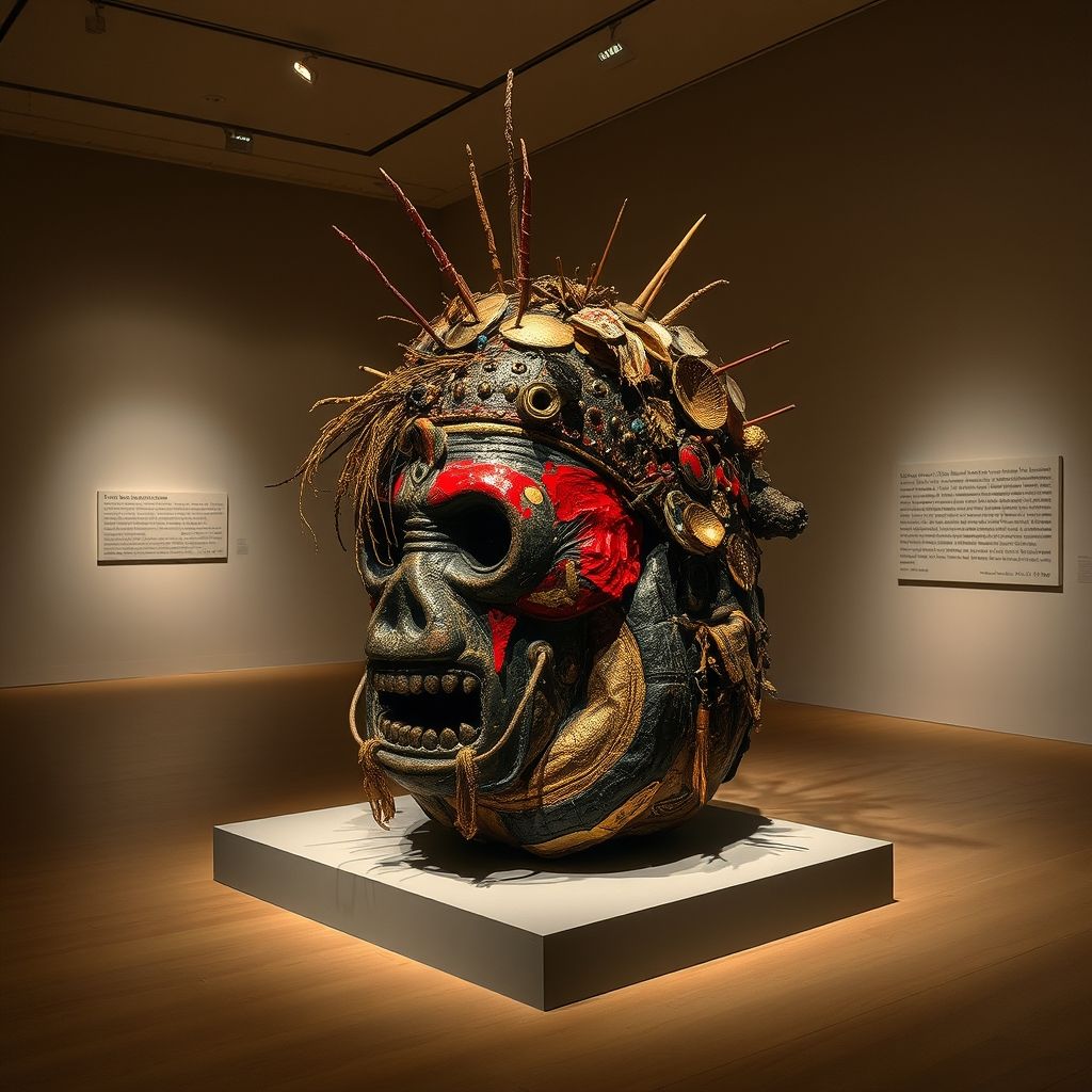 Fotografía de un artefacto tribal modificado por Asger Jorn con pintura y otros materiales.