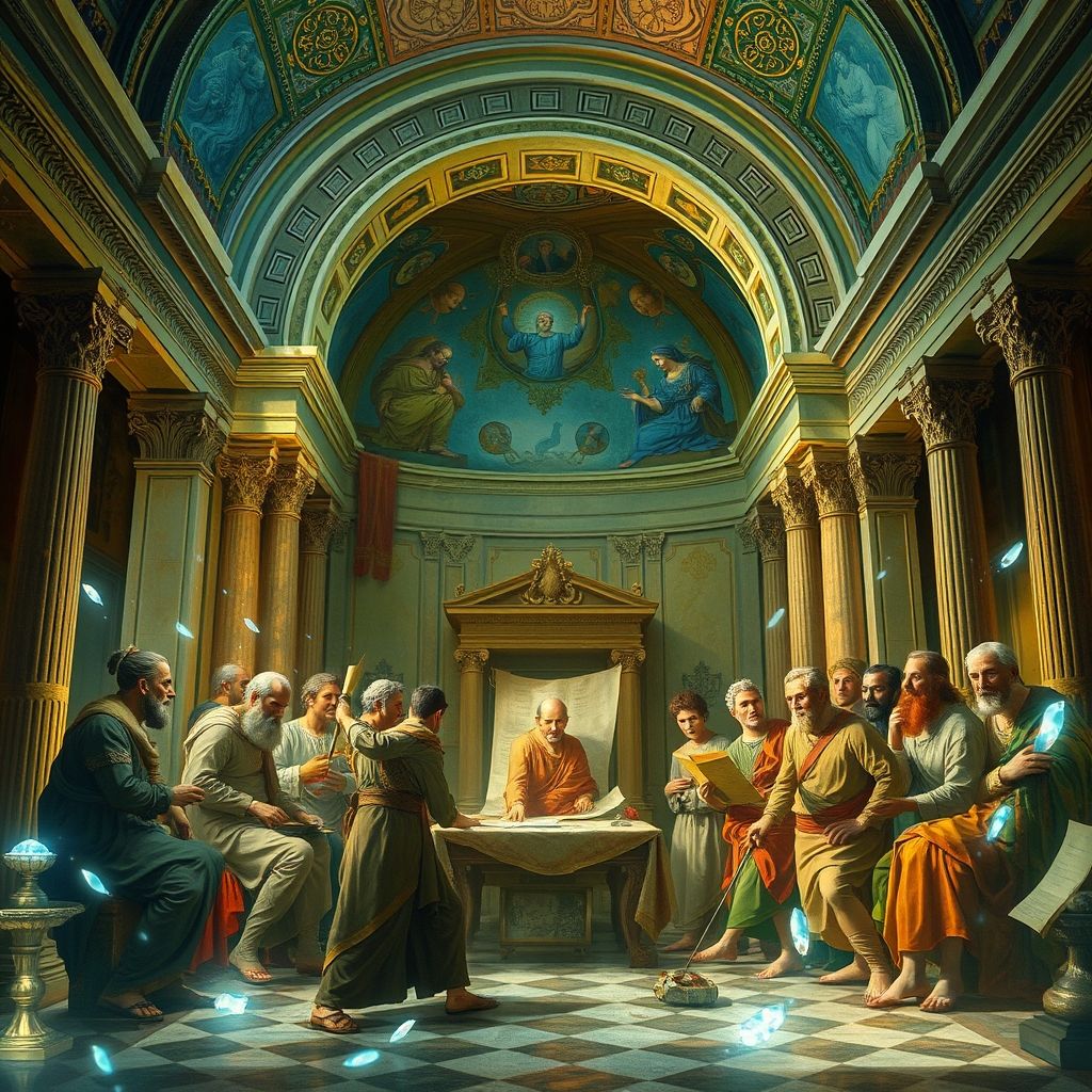 Rafael pintando 'La Escuela de Atenas' en el Vaticano, mostrando a los filósofos griegos en un entorno idealizado. Renderizado como un arte conceptual para un videojuego de fantasía.