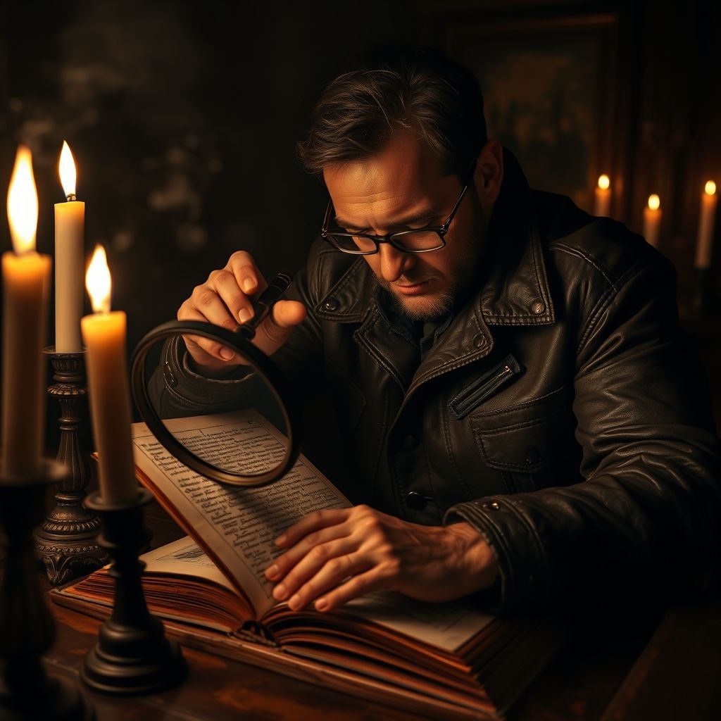Un investigador examinando el Manuscrito Voynich con una lupa, tratando de descifrar su código. Ambiente oscuro y misterioso.