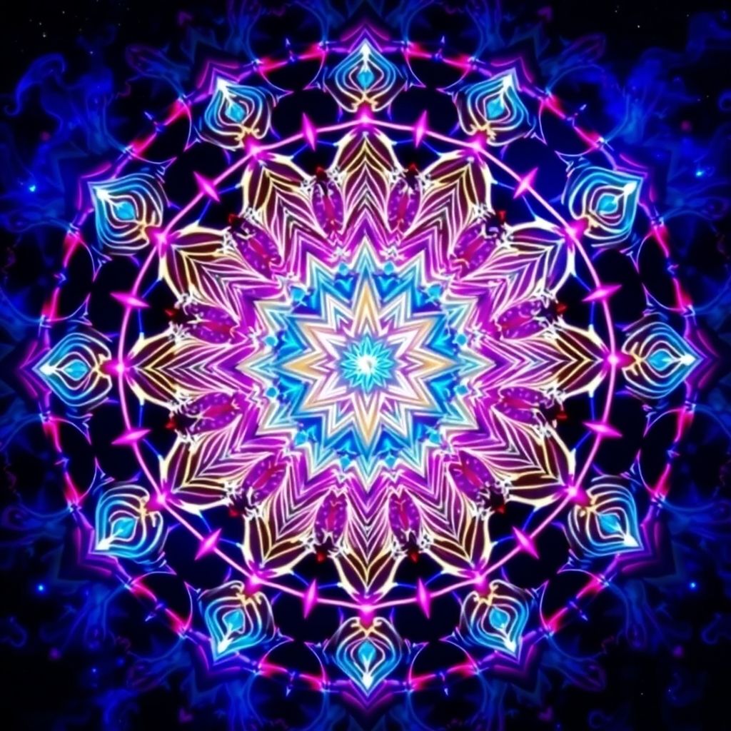 Un mandala de geometría sagrada brillante, mostrando patrones complejos y símbolos místicos. Estilo de arte psicodélico.